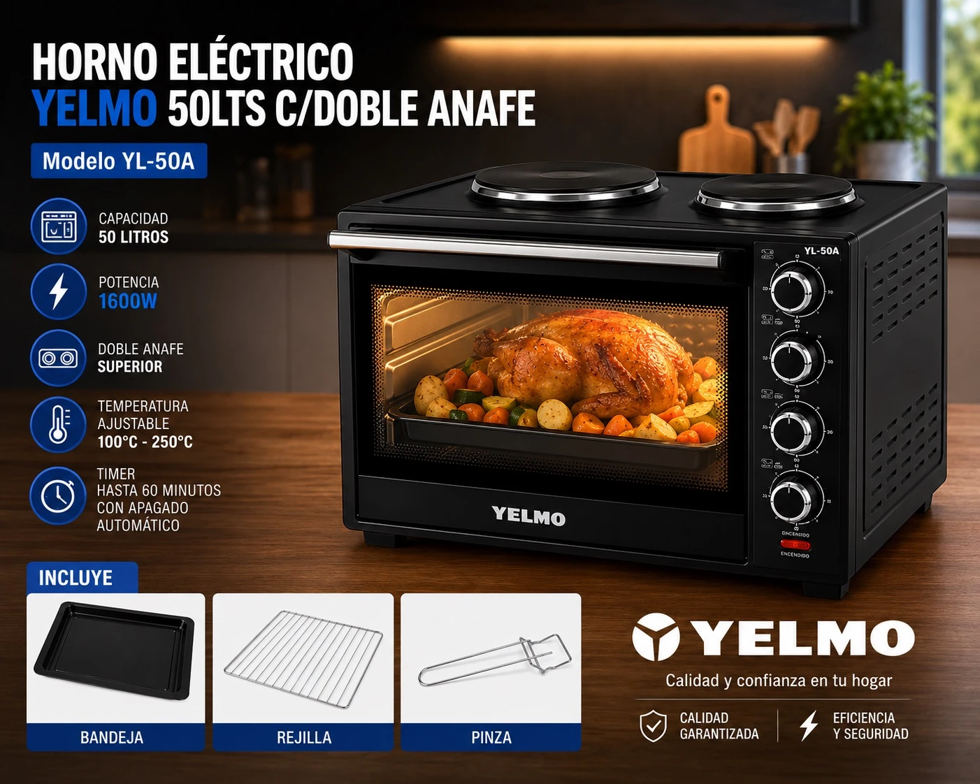 HORNO ELECTRICO YELMO 50LTS C/DOBLE ANAFE 