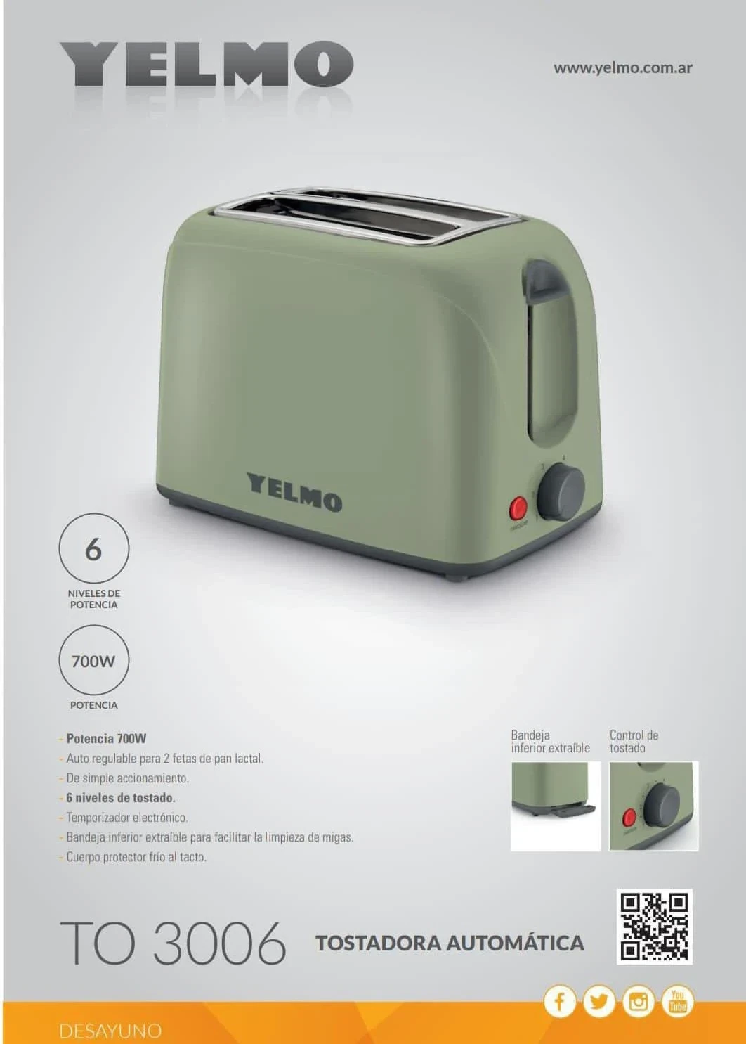 🍞 Tostadora Eléctrica Yelmo To3006 2 Panes 700w 