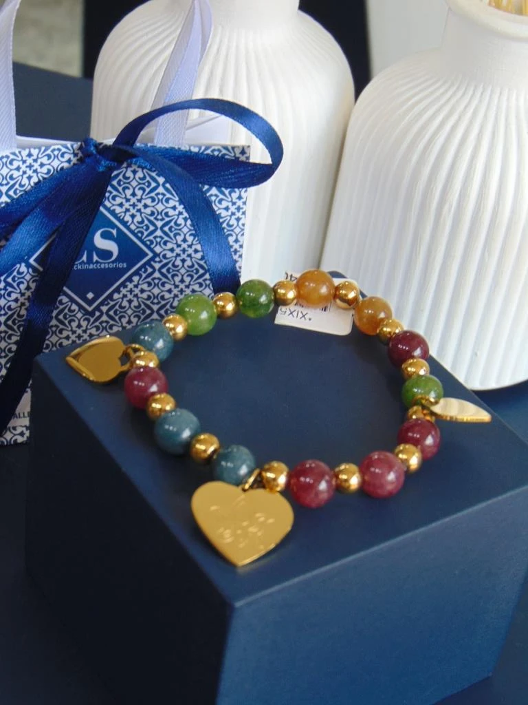 PULSERAS ACERO DOR CON CUARZOS NATUALES DIJE LOTO 2