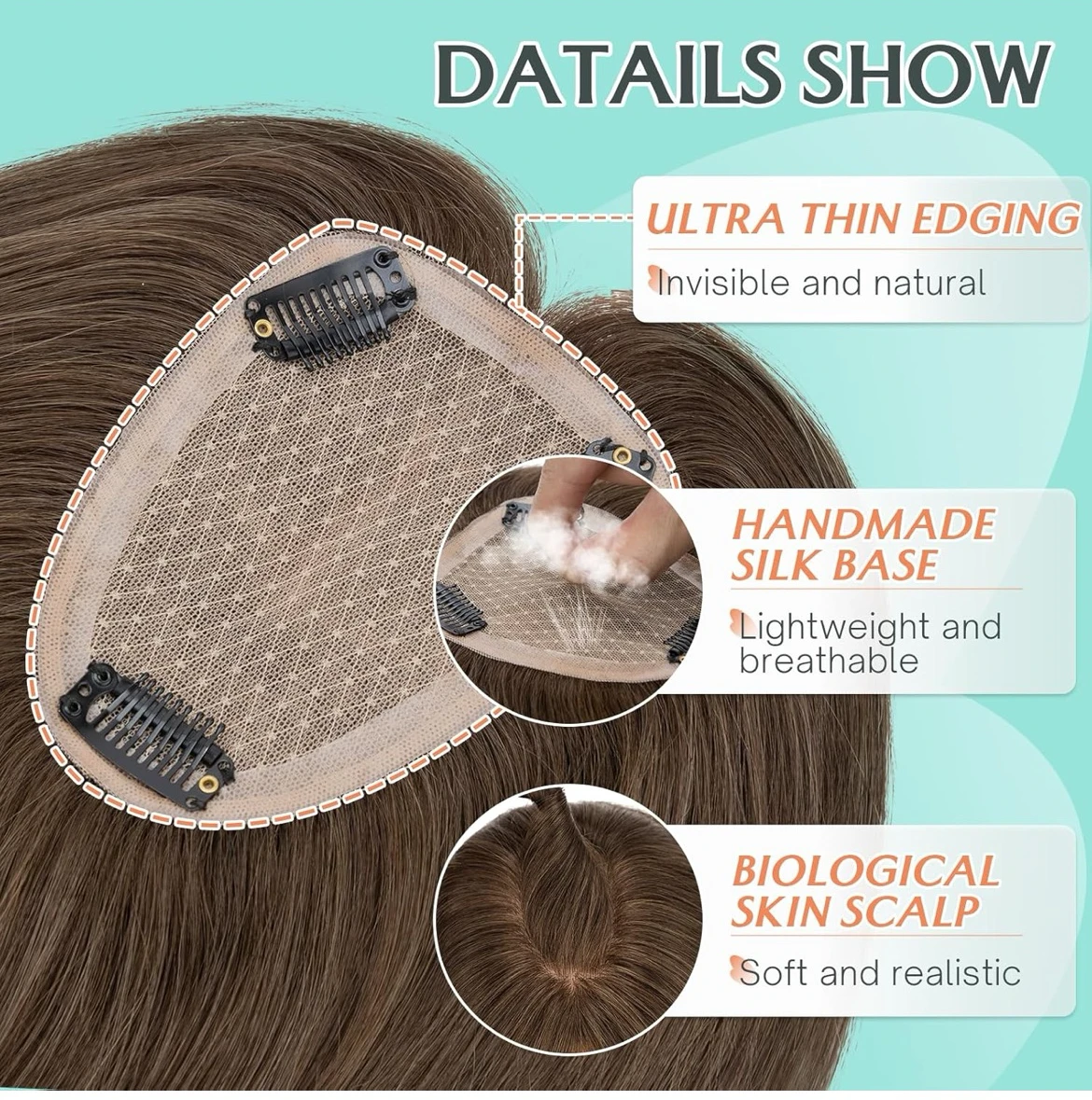 Topper de cabello humano, base de seda de 3.5 x 4.7 in, sin flequillo, densidad del 150%, pieza de cabello 100% Remy para cabello fino, marrón oscuro, 12 pulgadas 2