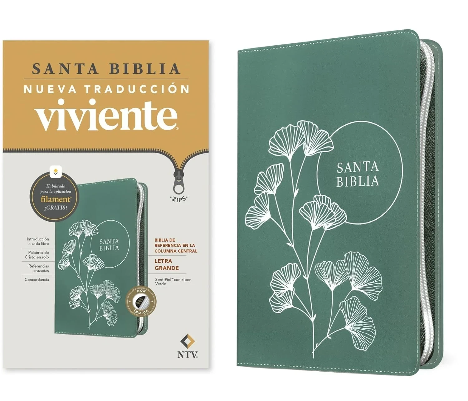 Biblia referencia NTV columna central letra grande verde ziper 4