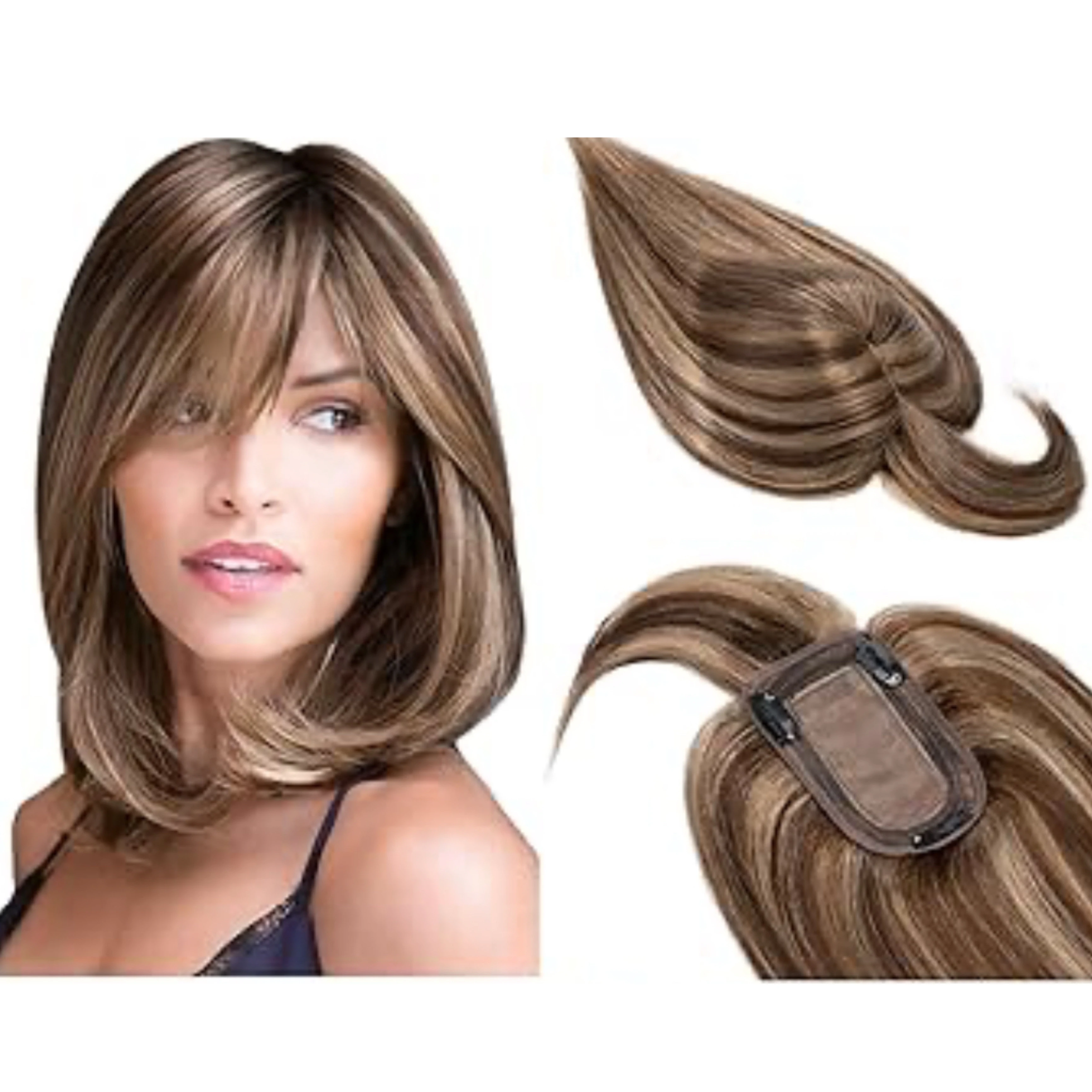 Toppers de cabello humano real con flequillo, 2.8 x 5.1 in, base de seda con clip, piezas superiores de Wiglet añaden volumen, 12 pulgadas, marrón medio y rubio oscuro