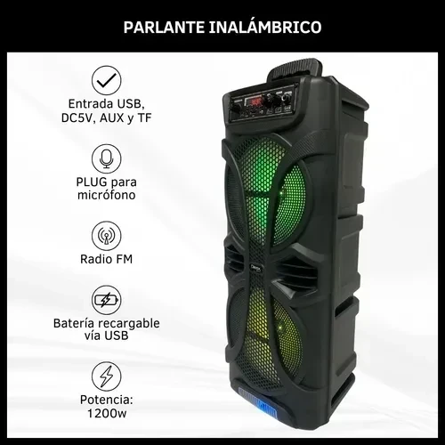 PARLANTE DINAX 1200W CON LUCES LED, MICRÓFONO Y CONTROL REMOTO 2
