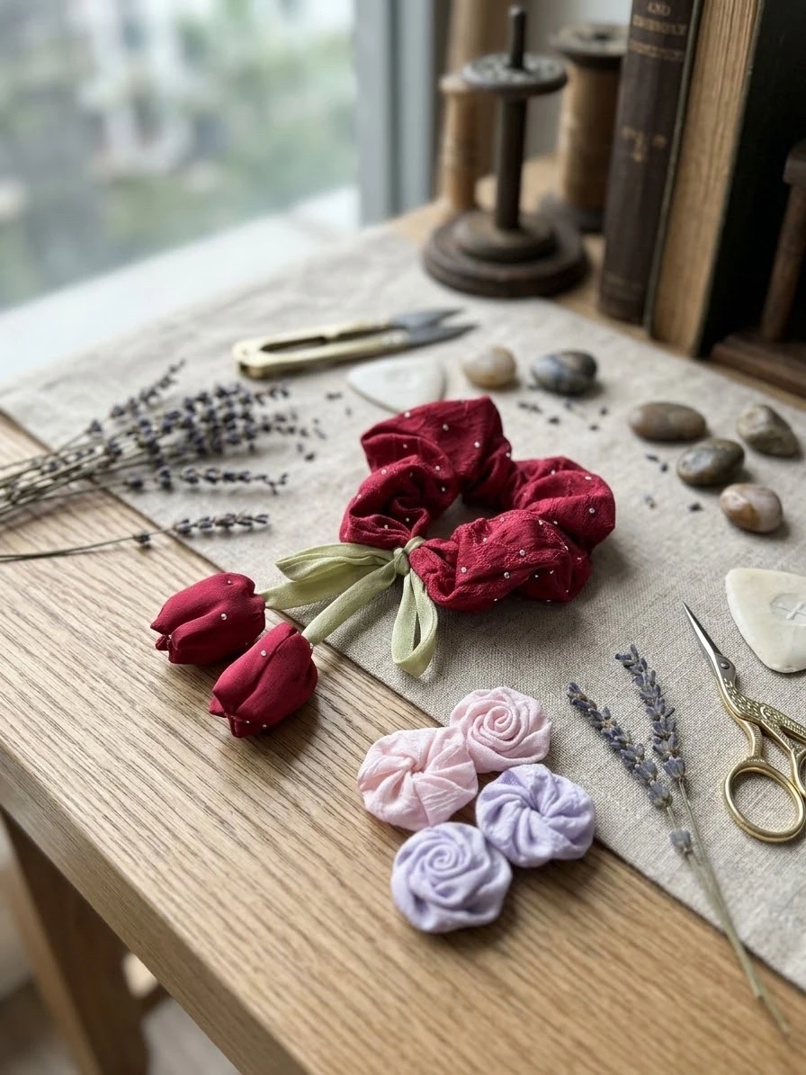 🌸 Set de Docena de Scrunchies Elegantes con Perlas y Moño de Hoja 5