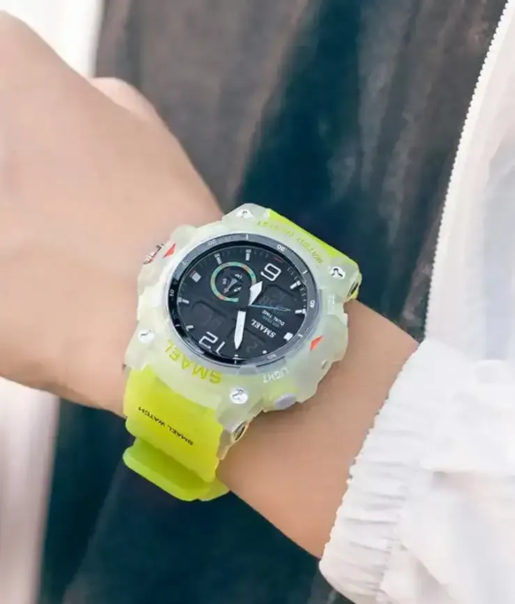 Reloj Smael Original Sumergible Deportivo Doble Hora 8007 Transparente Verde Fluorescente 3