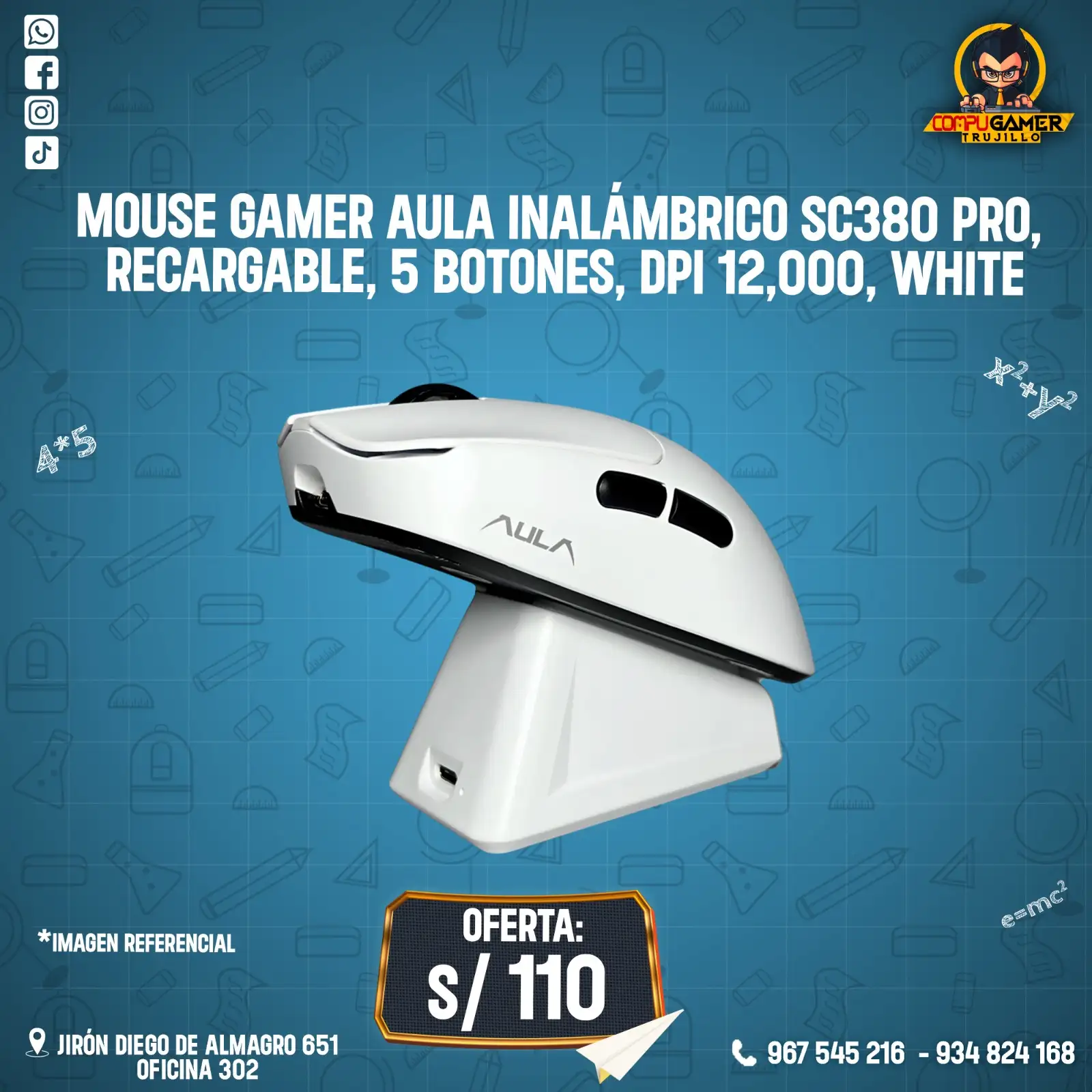 MOUSE GAMER AULA INALAMBRICO SC380 PRO, RECARGABLE, 5 BOTONES, DPI 12,000, WHITE