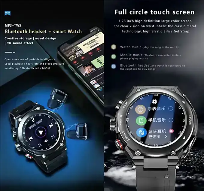 Reloj inteligente T92 con auriculares MP3 Bluetooth 3 en 1 de 1.28 pulgadas, auriculares inalámbricos incorporados, altavoz, rastreador de fitness, música, temperatura corporal, monitor de frecuencia cardíaca (negro) 2