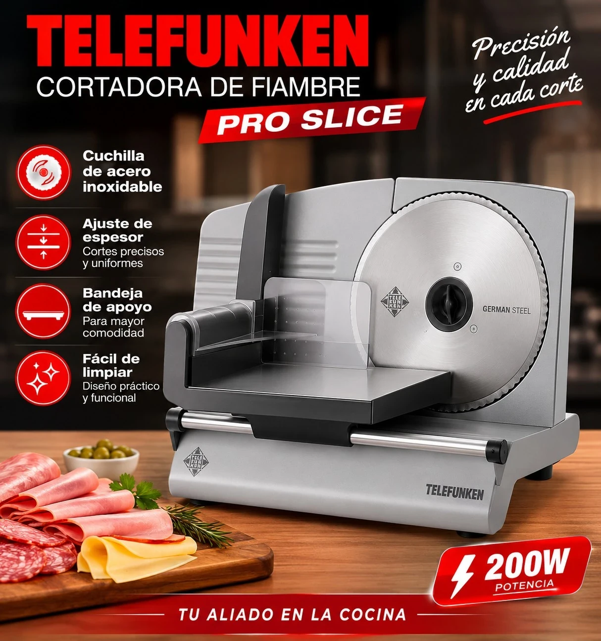 Cortadora De Fiambre Pro Slice Telefunken 