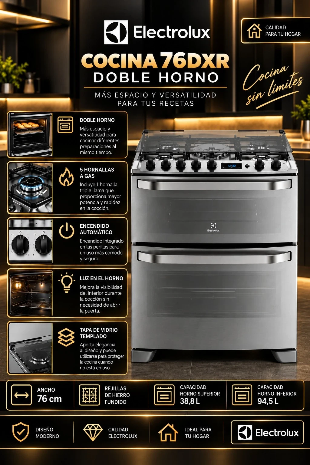 COCINA ELECTROLUX DOBLE HORNO 5H *CONSULTAR DISPONIBILDAD CON EL VENDEDOR*