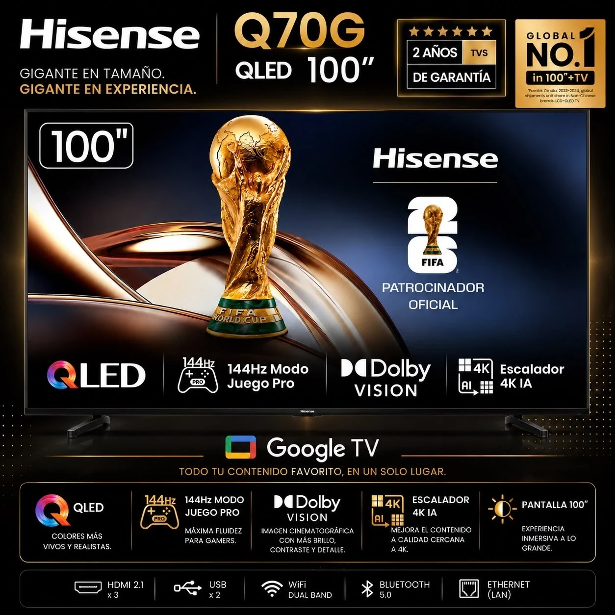 SMART TV HISENSE 100” QLED Q70G C/GOOGLE TV*