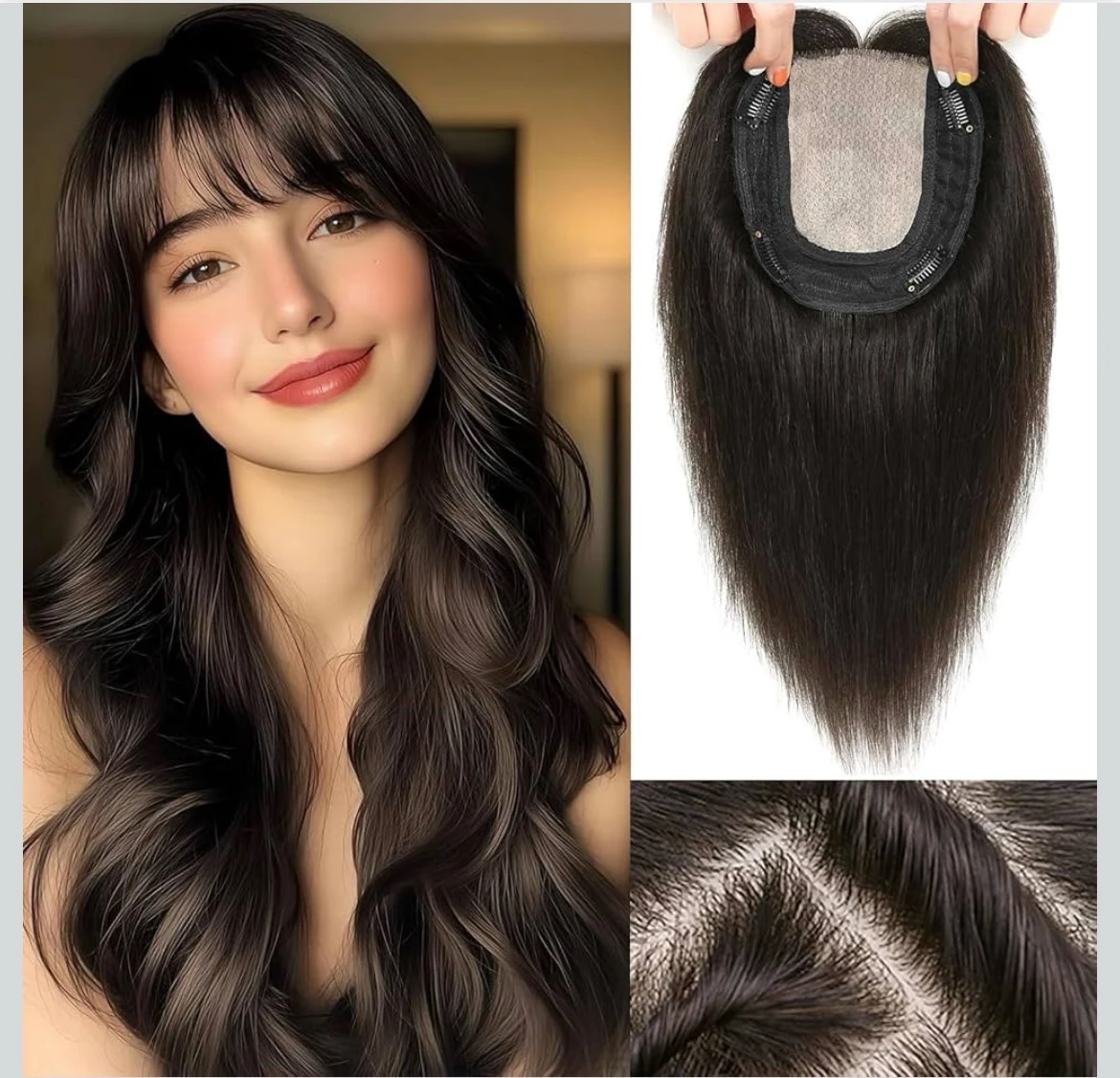 Toppers de cabello para mujer, postizos de cabello humano real, postizos 3D de 360° para mujer con corona delgada, flequillo tenue con clip de 12 pulgadas, base grande (marrón )