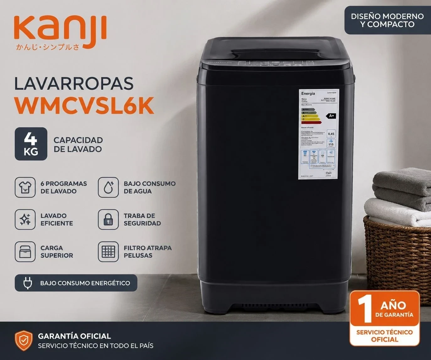  🧼 *LAVARROPAS AUTOMÁTICO KANJI CARGA SUPERIOR WMCVSL6k 4kg*