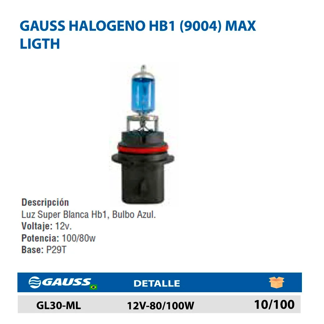 GAUSS HALOGENO HB1 (9004) MAX LIGTH 12V-80/100W