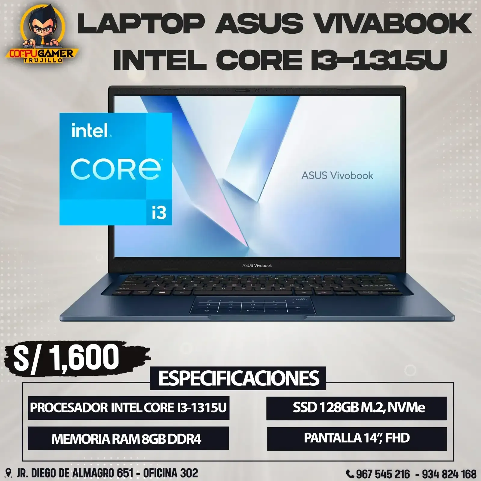 LAPTOP ASUS VIVOBOOK INTEL CORE I3-1315U, RAM 8GB, SSD 128GB, PANTALLA 14", FHD 