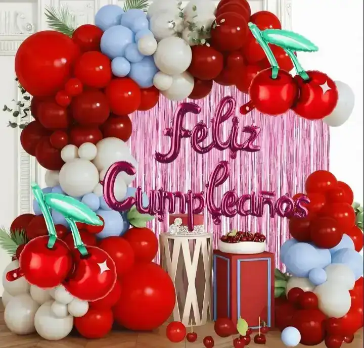 Set super guirnalda de globo cereza Feliz Cumpleaños cortina rosa 100 pcs rojo/bordo/celeste/blanco