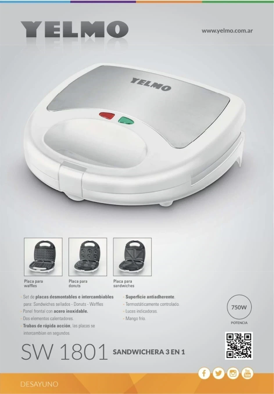 SANDWICHERA YELMO 3 EN 1 SW-1801 