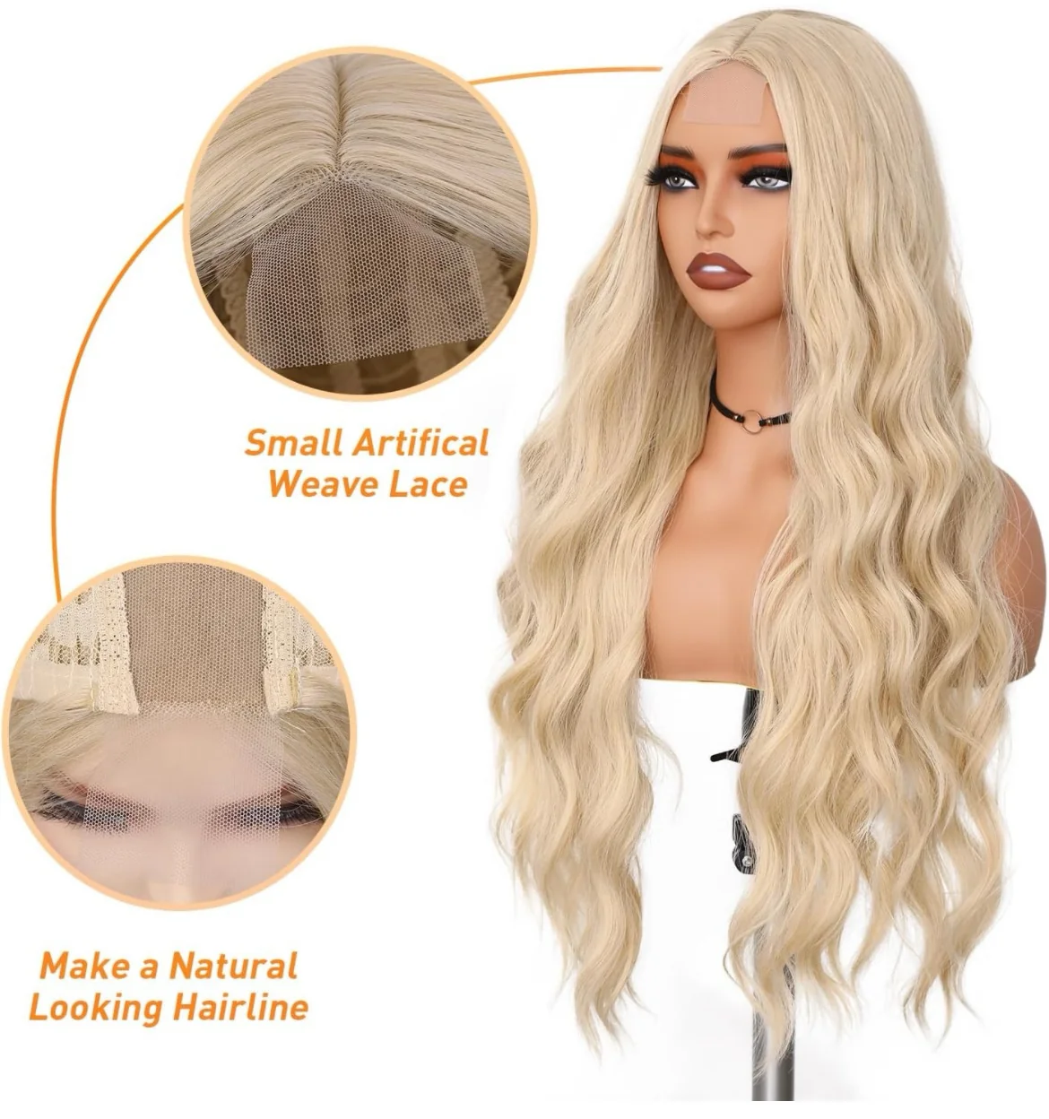 Peluca larga rubia ondulada sintética peluca rubia platinada peluca rubia partición media peluca rubia natural  2