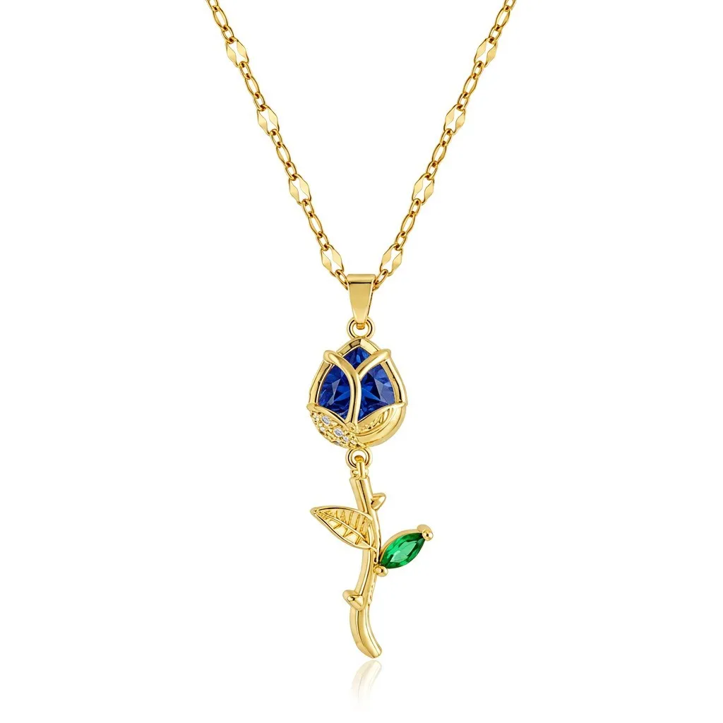 Cadena Y Dije En Acero Con Piedra Circon De Tulipan Azul
