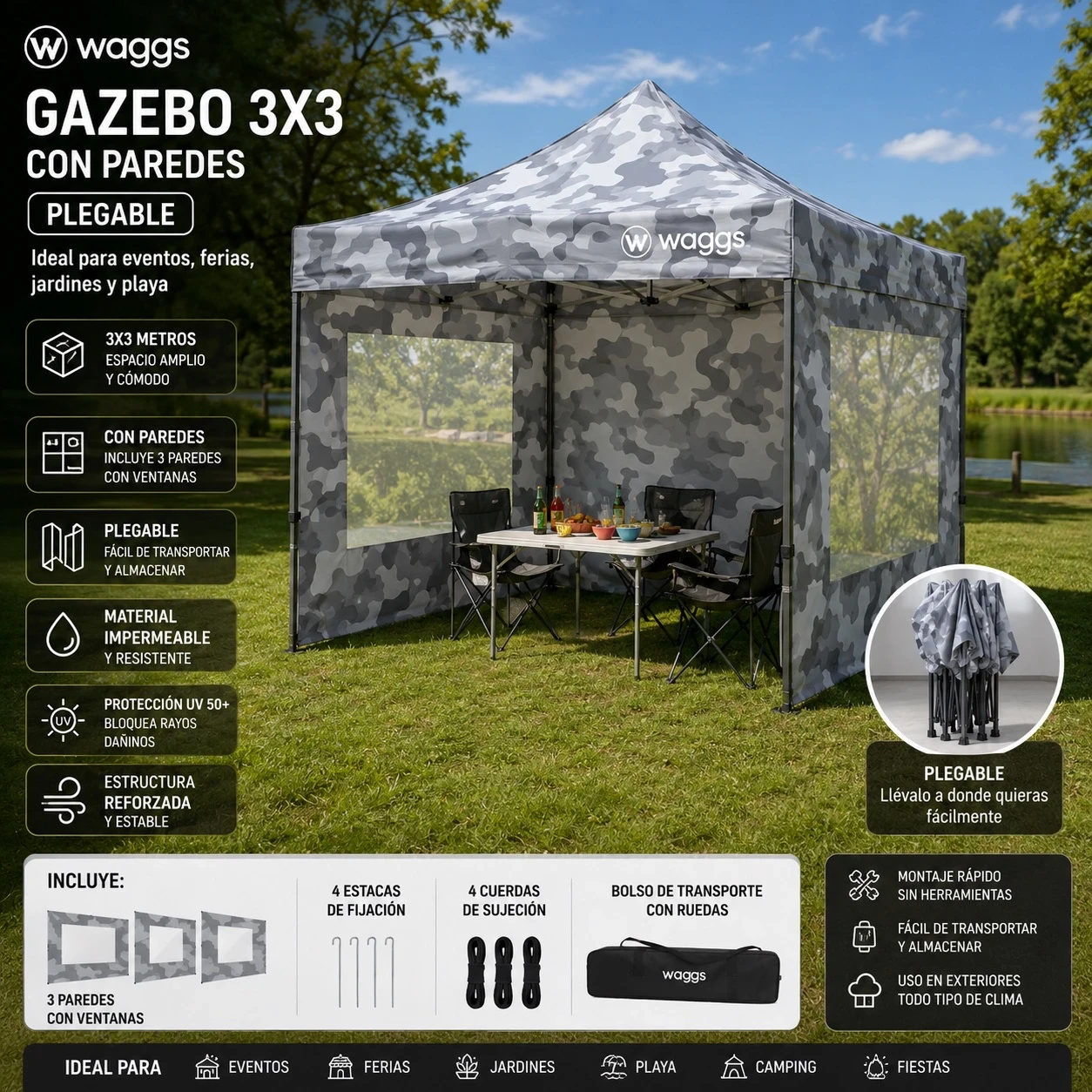 GAZEBO 3x3 CAMUFLADO PLEGABLE CON PAREDES WAGGS 