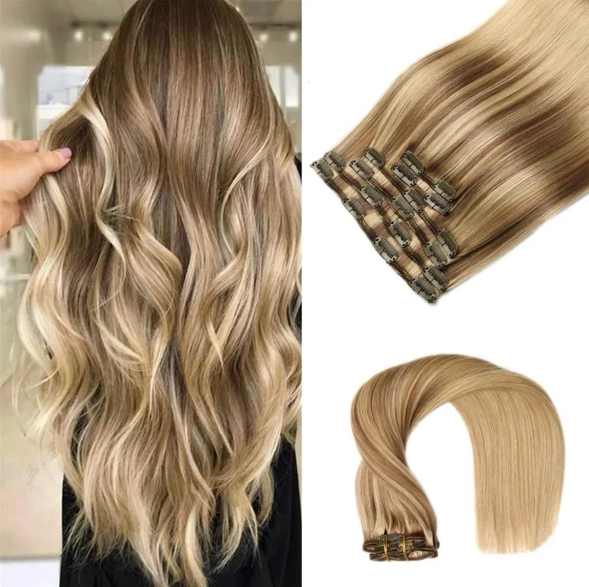 Extensiones de cabello humano Remy con pinzas, 16 pulgadas, 6 unidades, 120g, balayage, color marrón ceniza a rubio caramelo, extensiones de cabello humano con clip #10/16/16, 
