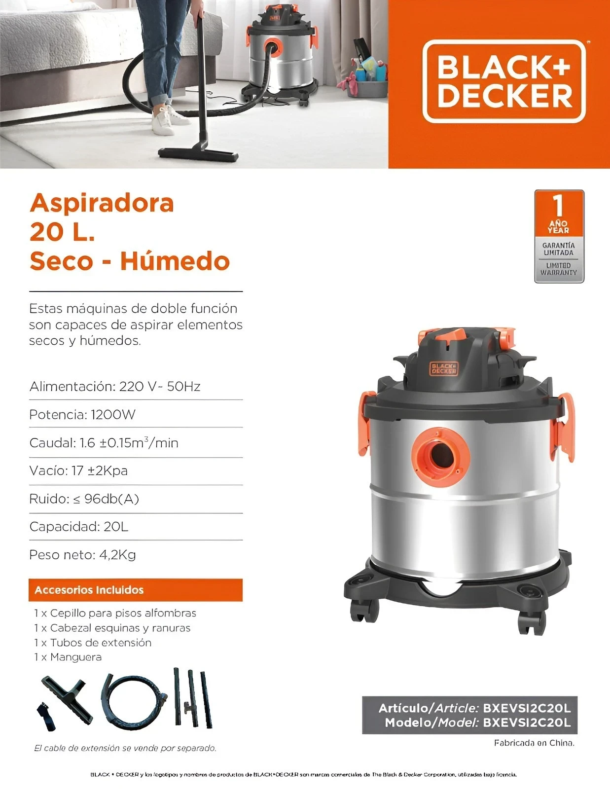 ASPIRADORA DE TACHO 20LTS BLACK AND DECKER