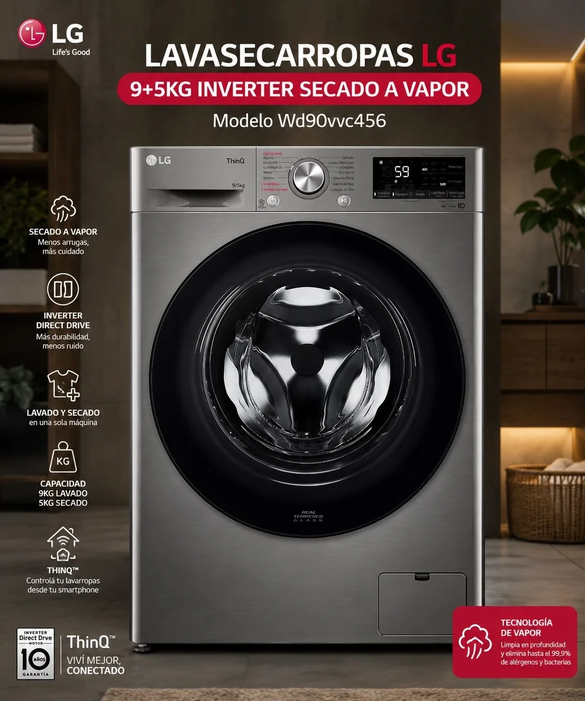 LAVASECARROPAS LG 9KG + 5KG 1200RPM INVERTER SILVER