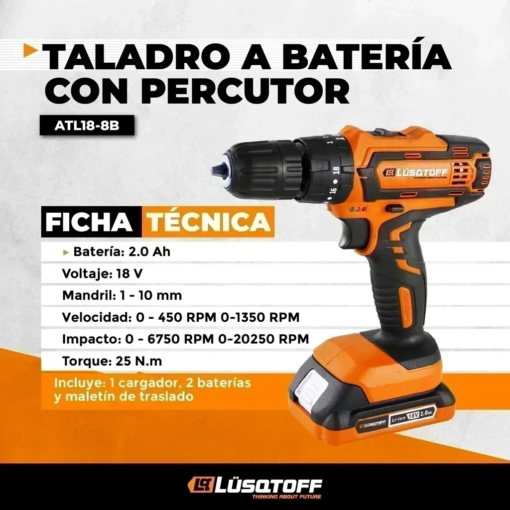 Taladro Lüqstoff 13mm en kit c/2 baterias y mechas ATL18-8B.