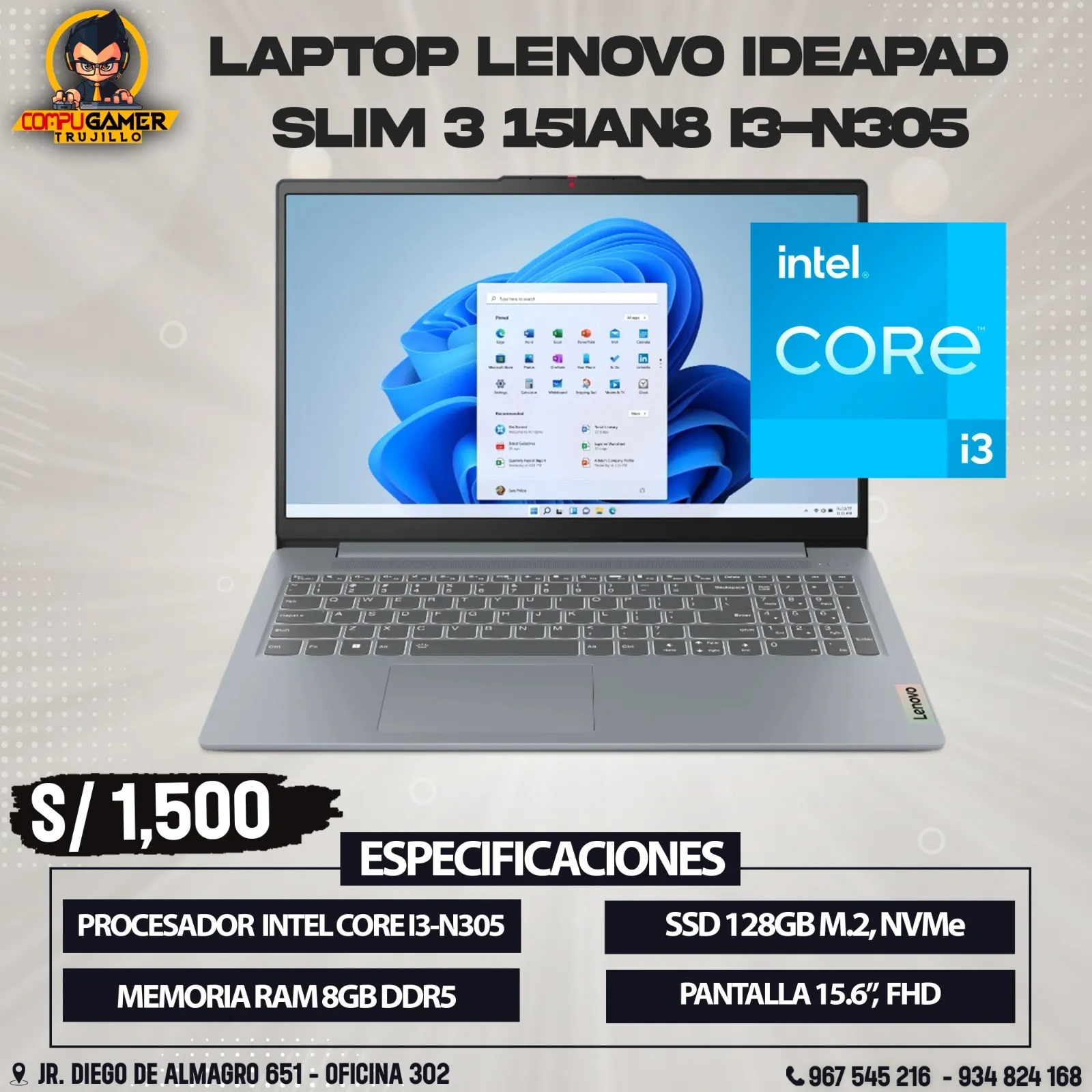 LAPTOP LENOVO IDEAPAD SLIM 3 15IAN8 INTEL CORE I3-N305, RAM 8GB, SSD 128GB, PANTALLA 15.6" 