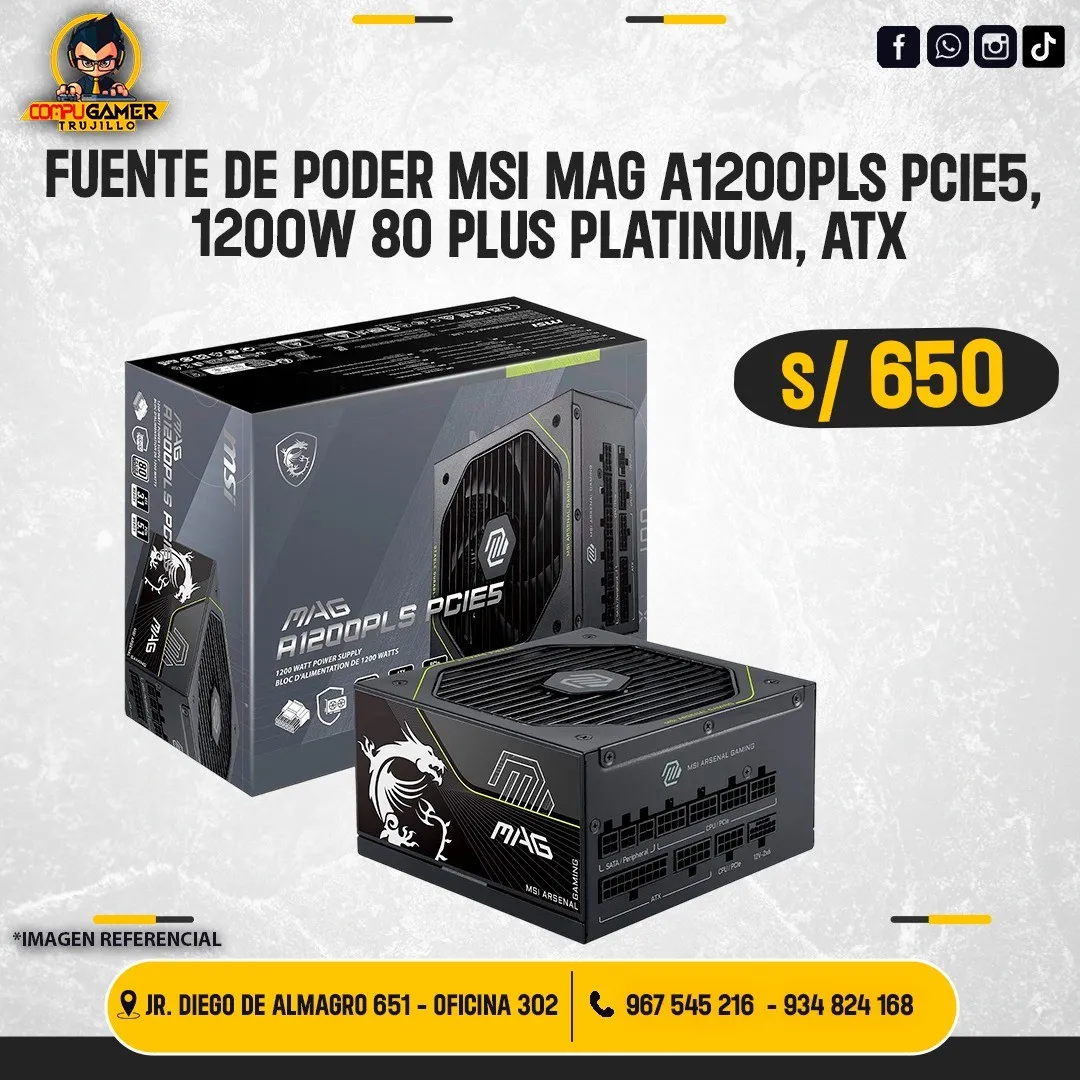 FUENTE DE PODER MSI MAG A1200PLS PCIE5, 1200W 80 PLUS PLATINIUM