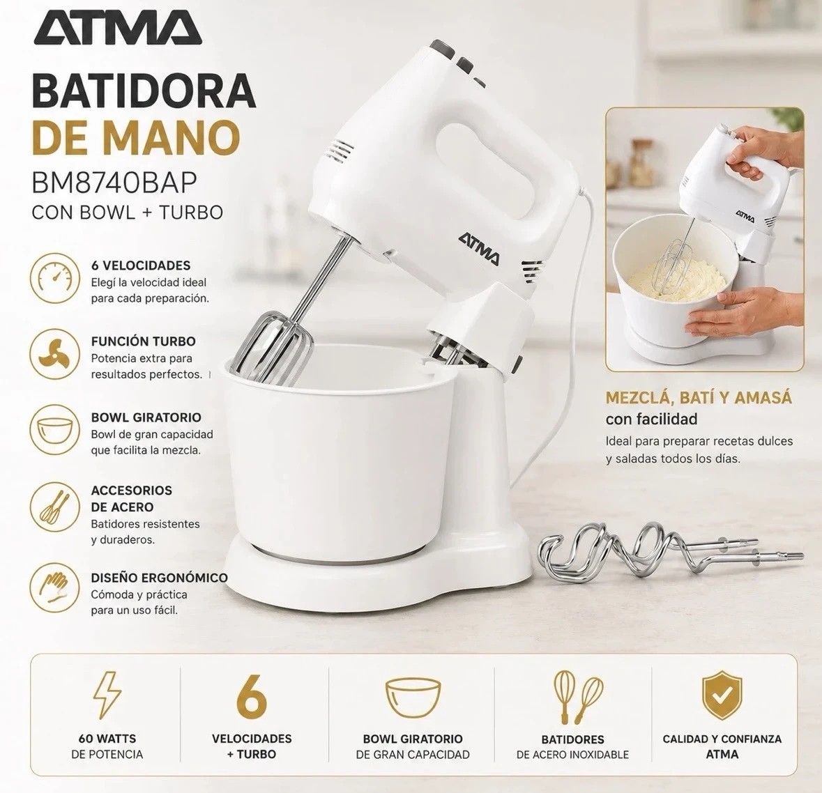 BATIDORA DE MANO ATMA CON BOX 200W