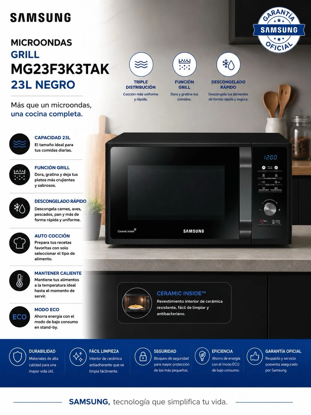 Microondas Samsung mg23f3k3tak 23 lts black