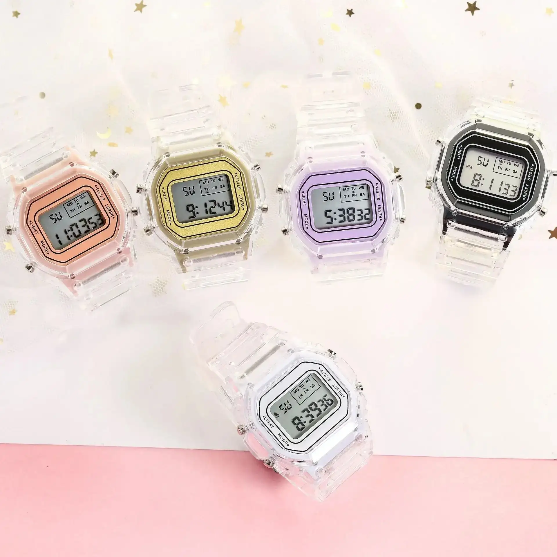 Reloj Deportivo Digital Cuadrado Transparente Palo De Rosa 4