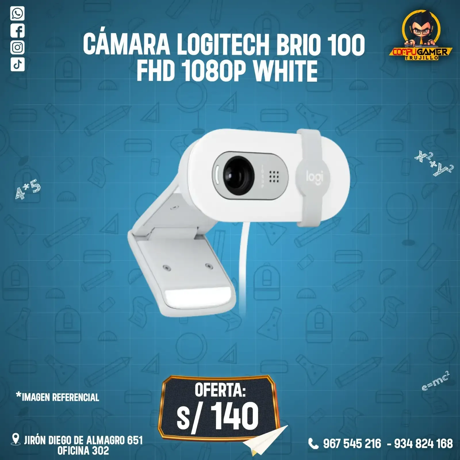 CÁMARA LOGITECH BRIO 100 FHD, 1080P, WHITE 