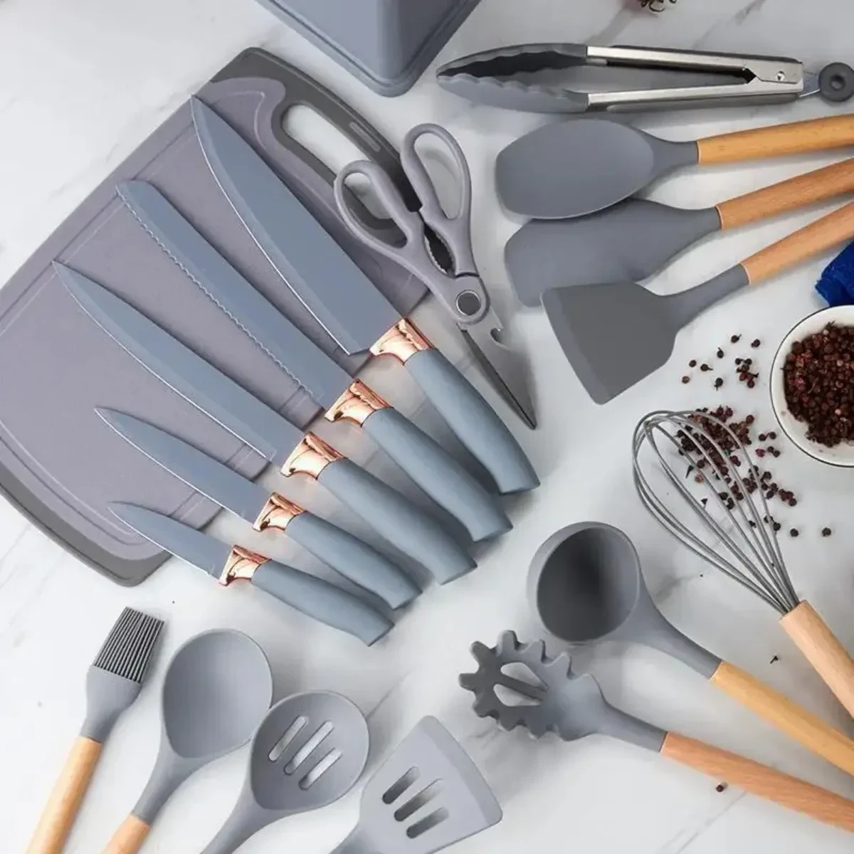 SET DE UTENSILIOS DE COCINA MANGO DE MADERA KIT X19 PIEZAS PUNTA DE SILICONA COLOR  GRIS 3