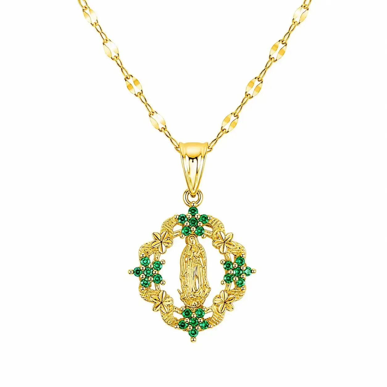 Cadena Y Dije En Acero Con Piedra Circon De Virgen Flores Verdes