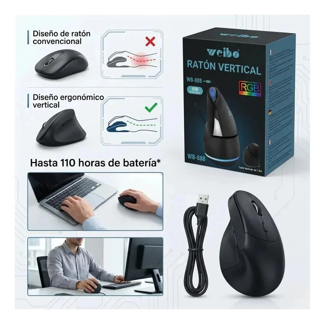 Mouse Ergonómico Vertical USB con Iluminación RGB Weibo WB-888 | Electrónica Joma 3