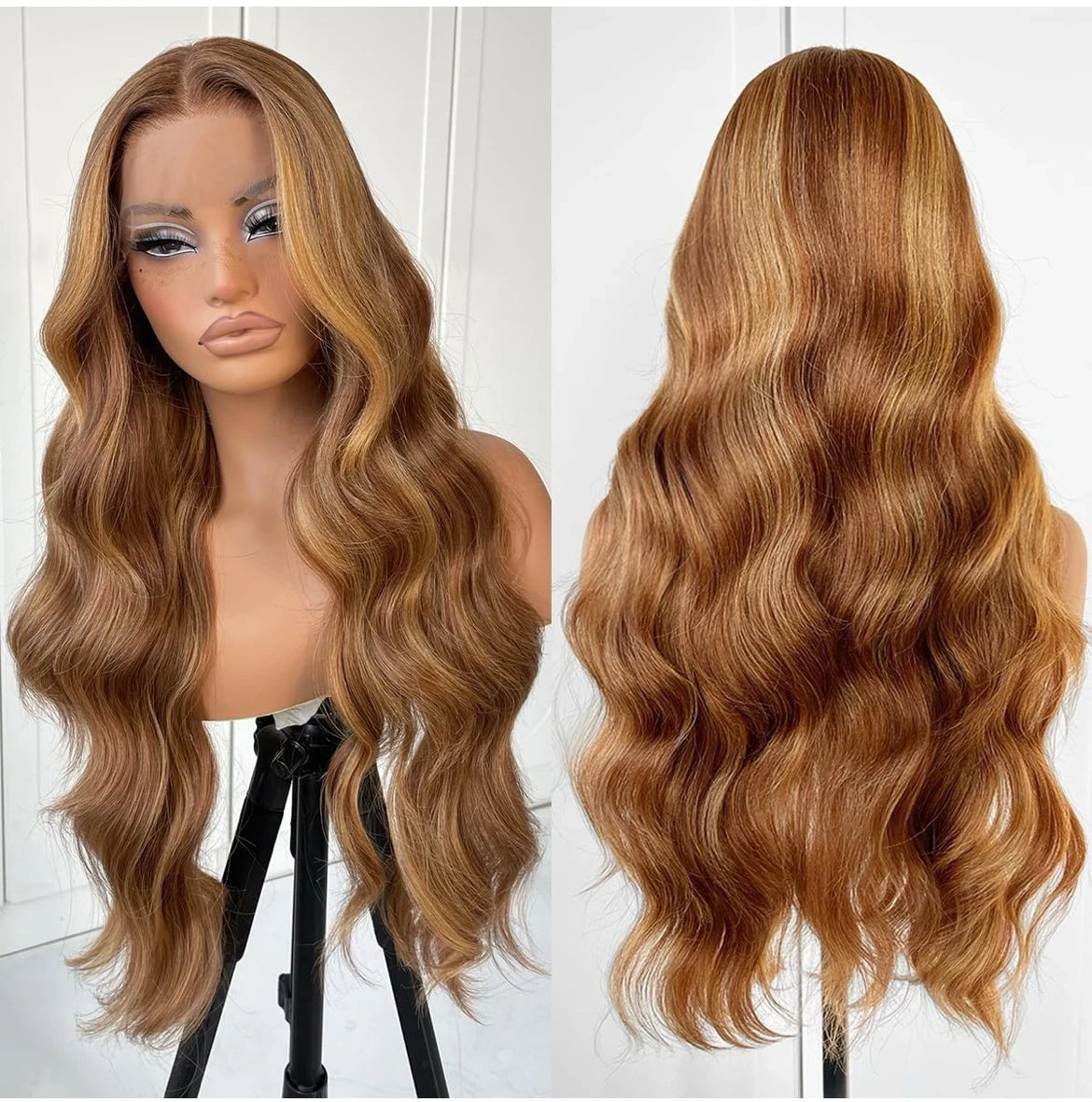 Peluca de encaje frontal sin pegamento con reflejos previamente despuntados, pelucas listas para usar, peluca de encaje frontal rubio miel, peluca balayage 3