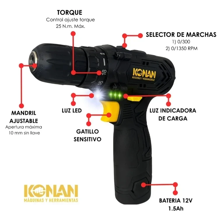TALADRO A BATERIA KONAN (INCLUYE MALETIN CON 32 PIEZAS) 3