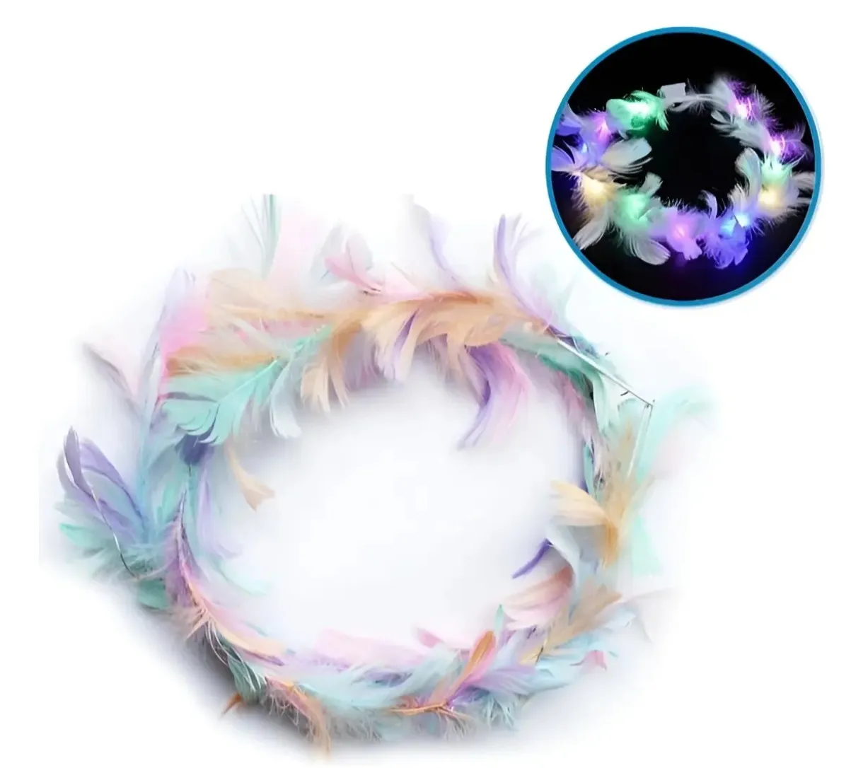 Vincha corona de plumas multicolor 10 led 