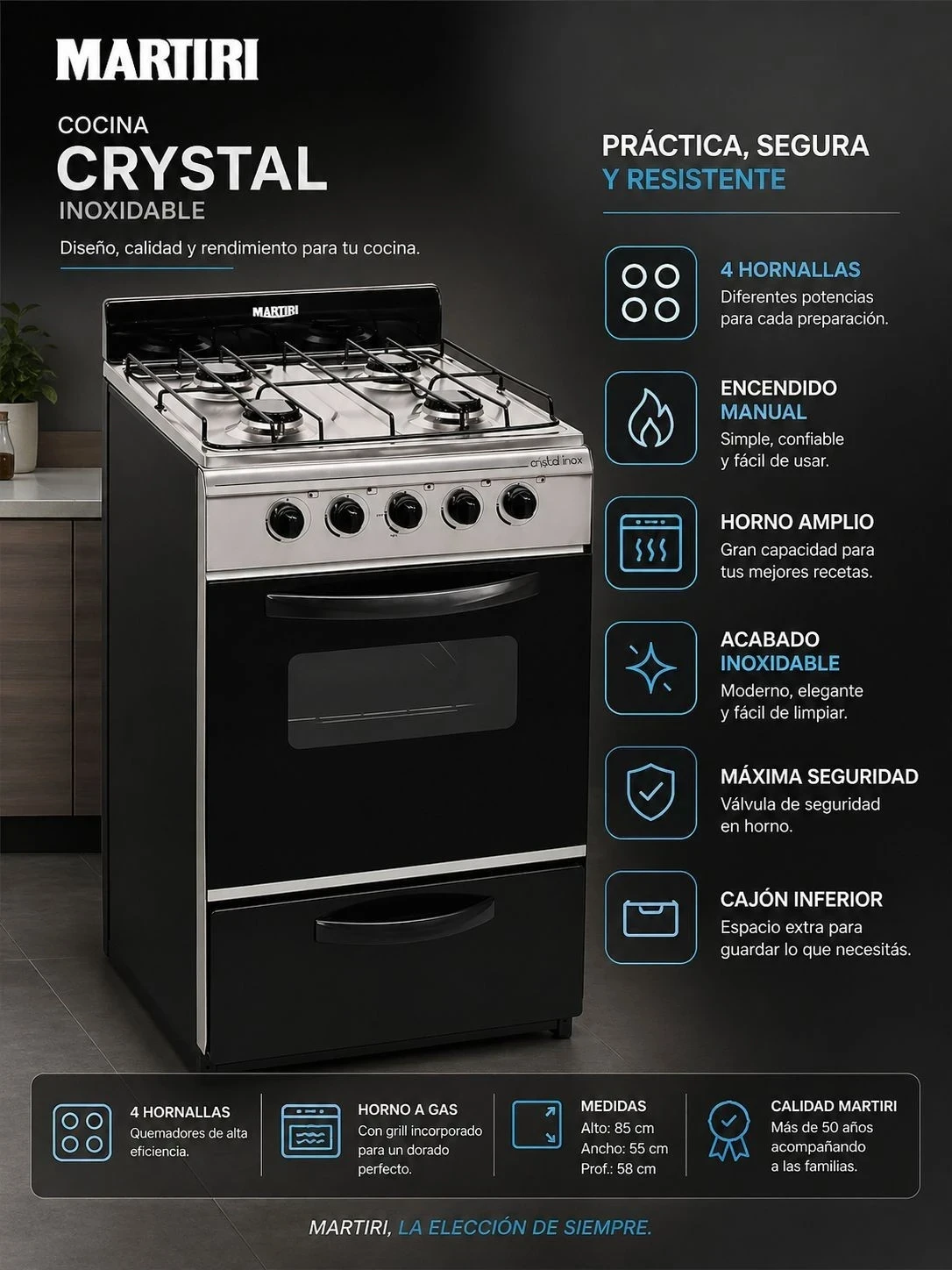 COCINA MARTIRI CRYSTAL INOX ENVASADO