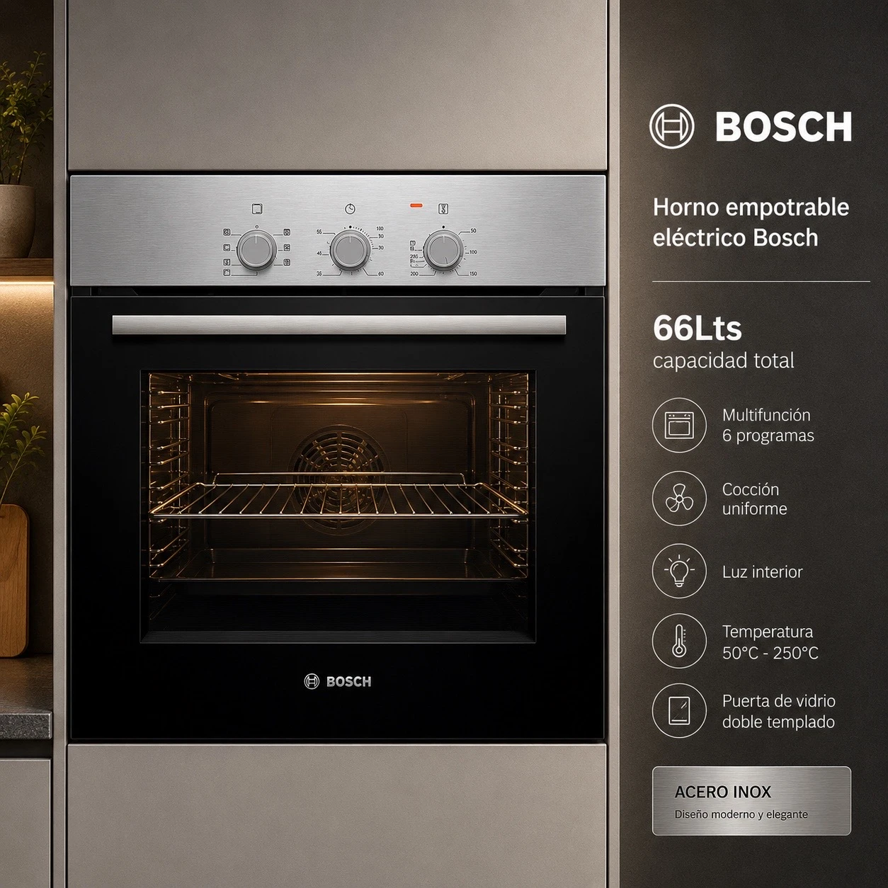 HORNO EMPOTRABLE ELÉCTRICO BOSCH HBF011BR0 66LTS COLOR ACERO INOXIDABLE ‼️SOLO POR PEDIDOS ‼️ 