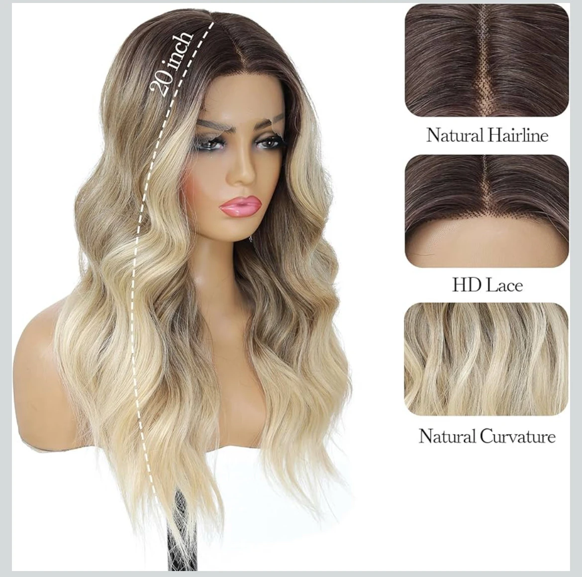 Peluca ondulada de color rubio degradado 613 para mujer, 20 pulgadas, parte media, encaje frontal, peluca HD de aspecto natural, fibra resistente al calor 2