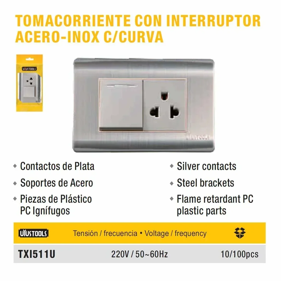 PLACA TOMA e INTERRUP MIXTO acero UYUST 220V/60Hz