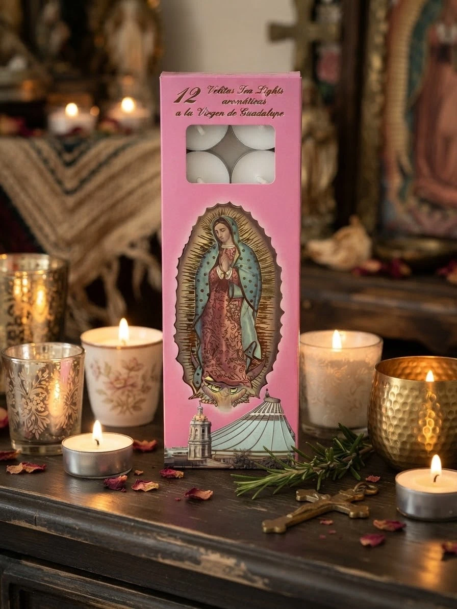 Caja con 12 Velitas Tea Lights Aromáticas de la Virgen de Guadalupe
