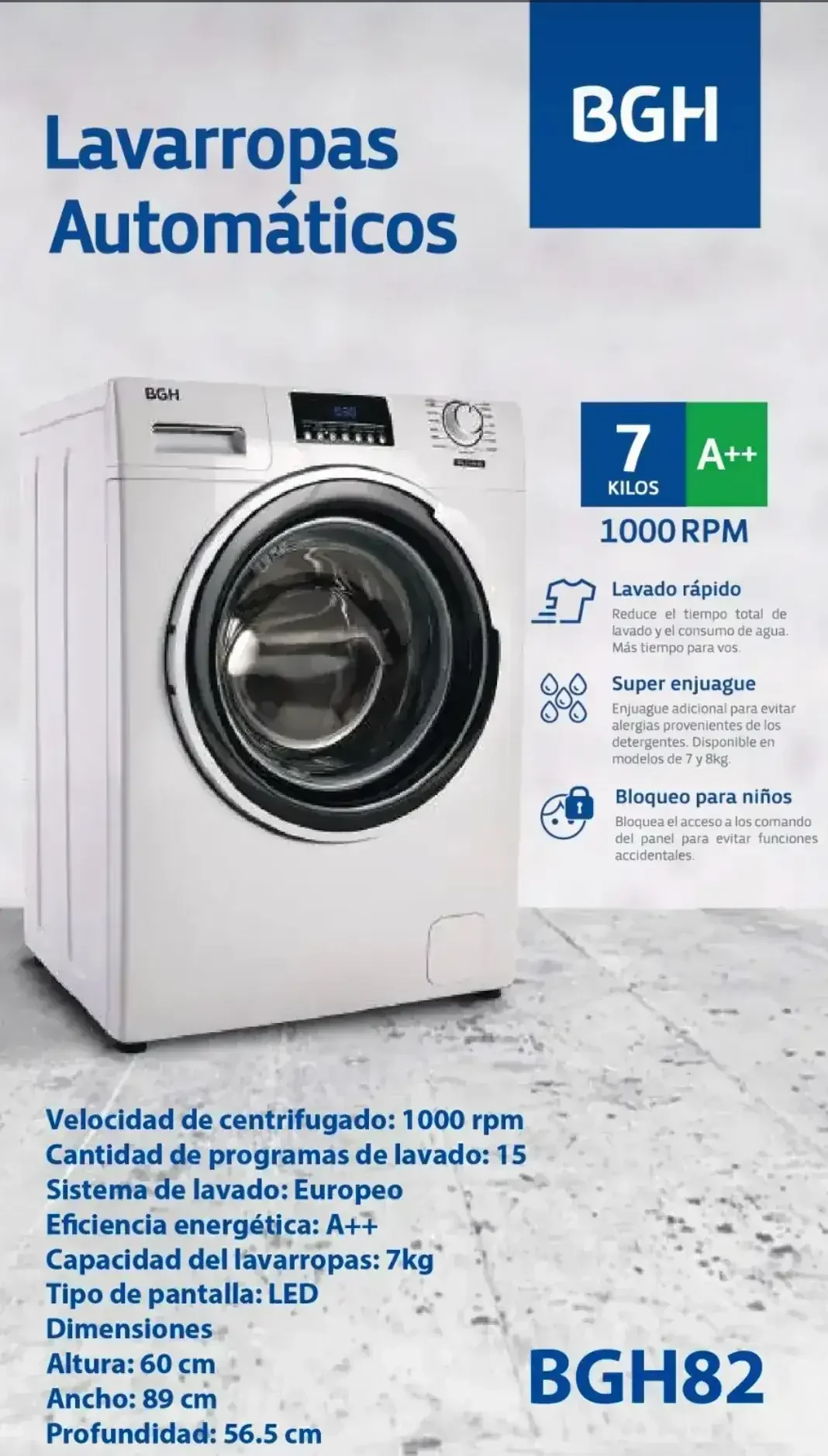 Lavarropas Automático BGH BWFA07W21AR 7Kg 1000Rpm