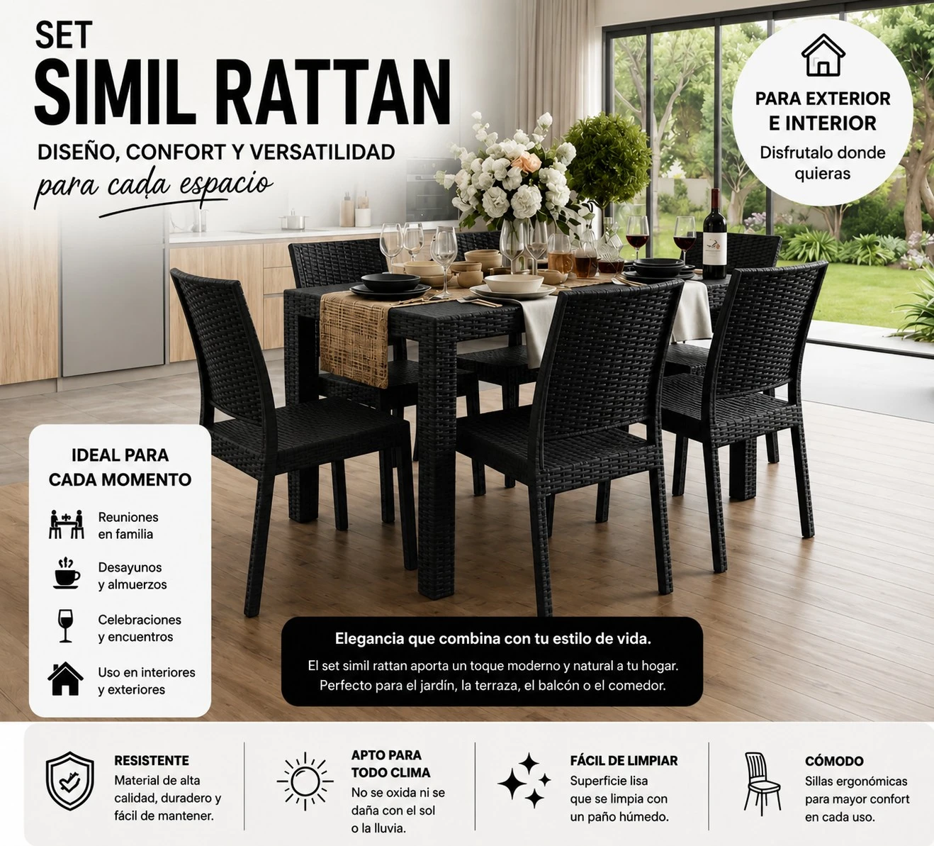 Mesa De Jardin Plastica Simil Rattan Exterior e Interior 