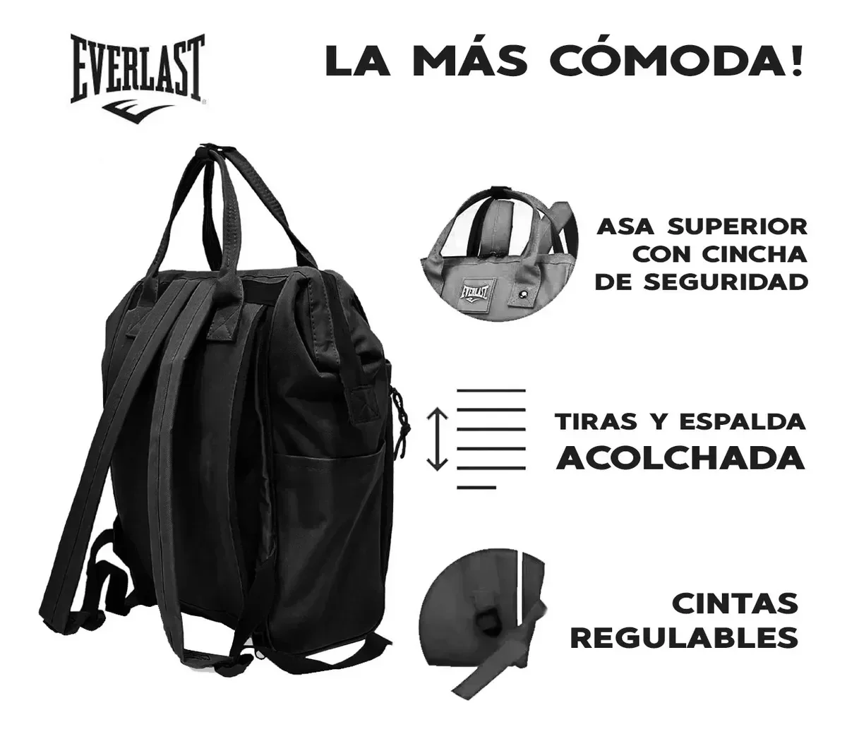 Mochila Everlast Reforzada Universitaria Cartera Anti Robo Color Negro 2