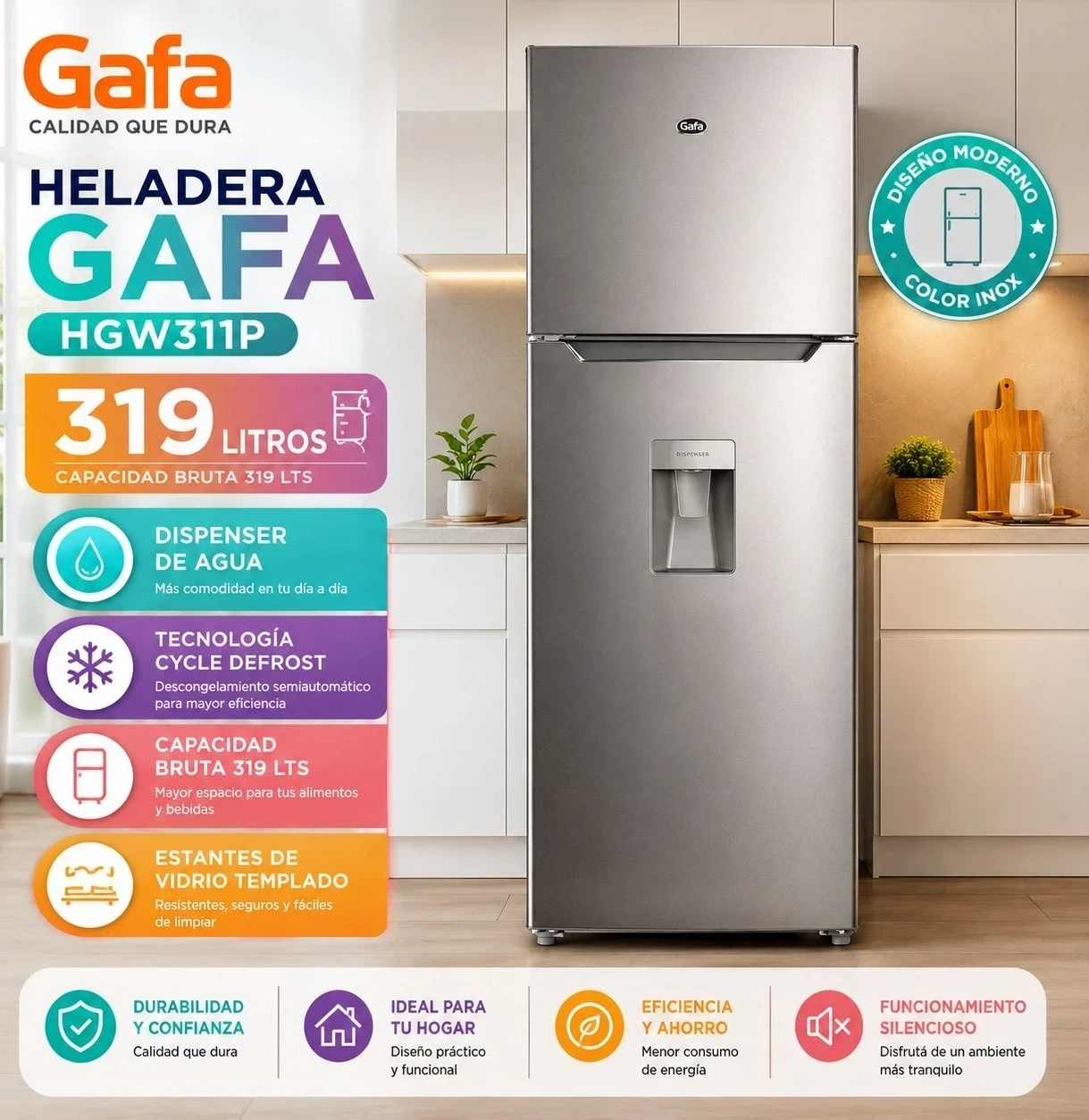 Heladera GAFA HGW311P Cíclica Top Freezer con Dispenser 319L