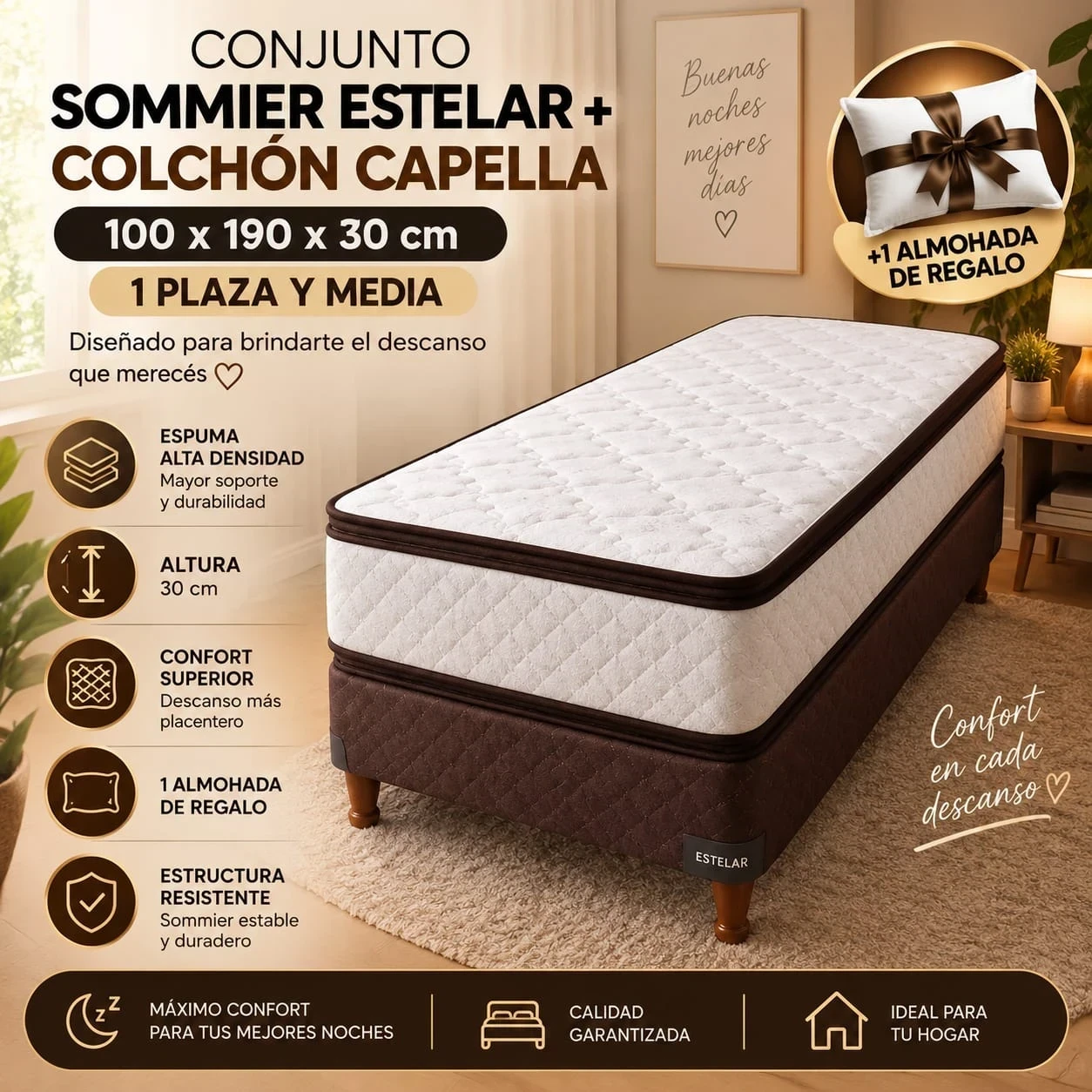  CONJUNTO SOMMIER ESTELAR + COLCHÓN CAPELLA — UNA PLAZA Y MEDIA CONSULTAR DISPONIBILIDAD CON EL VENDEDOR 