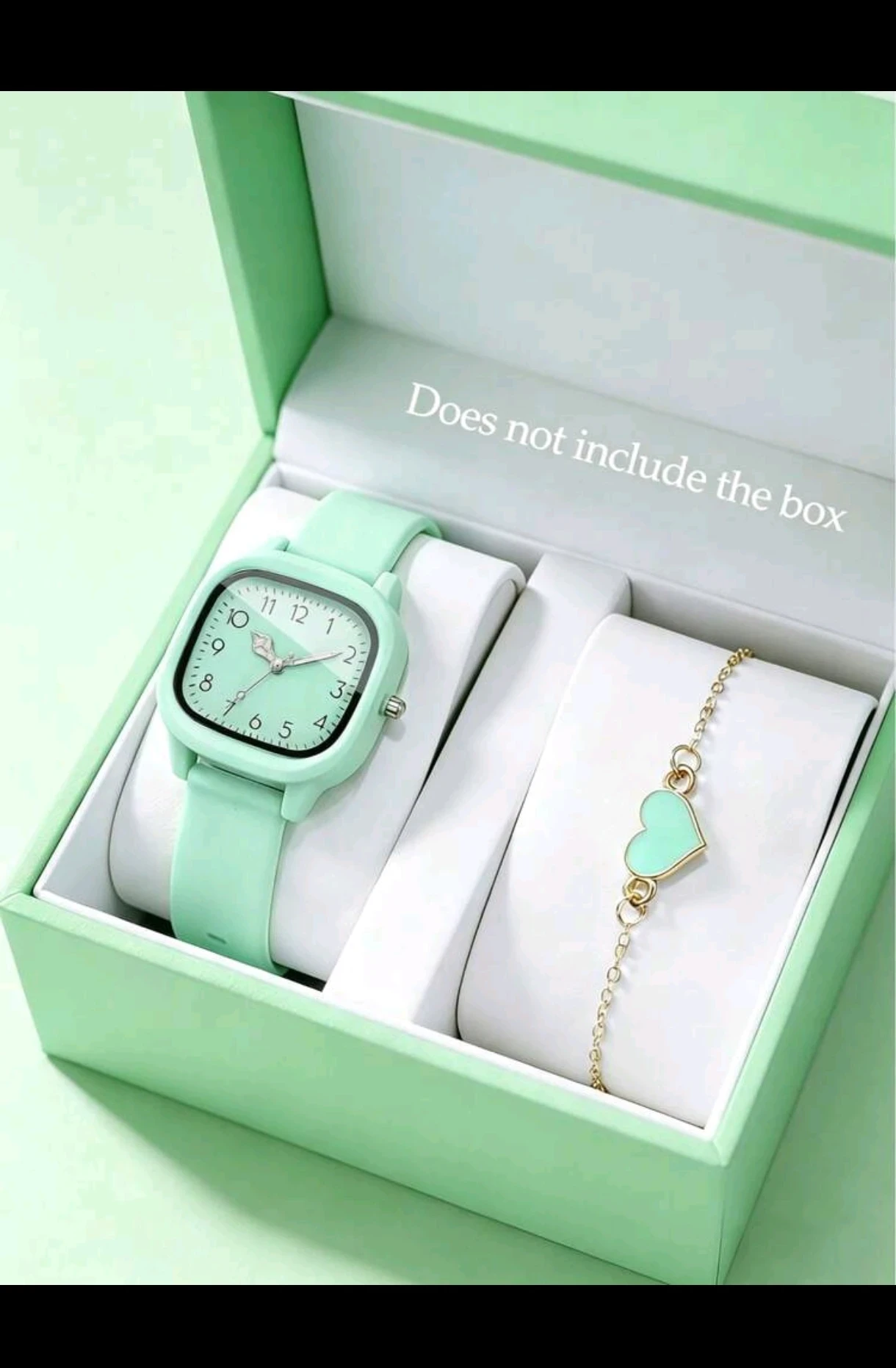 Set de Dama AD ASTRA - Reloj Cuadrado Verde Menta + Brazalete de Corazón